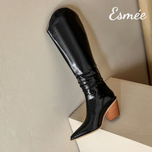 Load image into Gallery viewer, Black-Leather-Cowboy-Long-Boots-with-Block-Heels-product-shots
