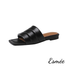 Load image into Gallery viewer, Black-Leather-Flast-Sandals-with-Square-Toe-Design-product-shots-white-background
