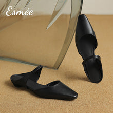 Load image into Gallery viewer, Black-Leather-Flat-Mules-with-Straps-Design-product-shots
