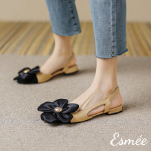 Load image into Gallery viewer, Black-Leather-Flat-Sandals-with-Big-Flower-Design-model-shots
