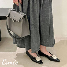 Load image into Gallery viewer, Black-Leather-Flats-with-Dual-Color-Flower-Design-model-shots
