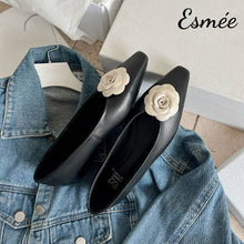 Load image into Gallery viewer, Black-Leather-Flats-with-Dual-Color-Flower-Design-product-shots
