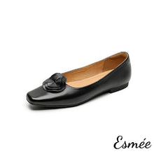 Load image into Gallery viewer, Black-Leather-Flats-with-Handmade-Flower-Design-product-shots-white-background
