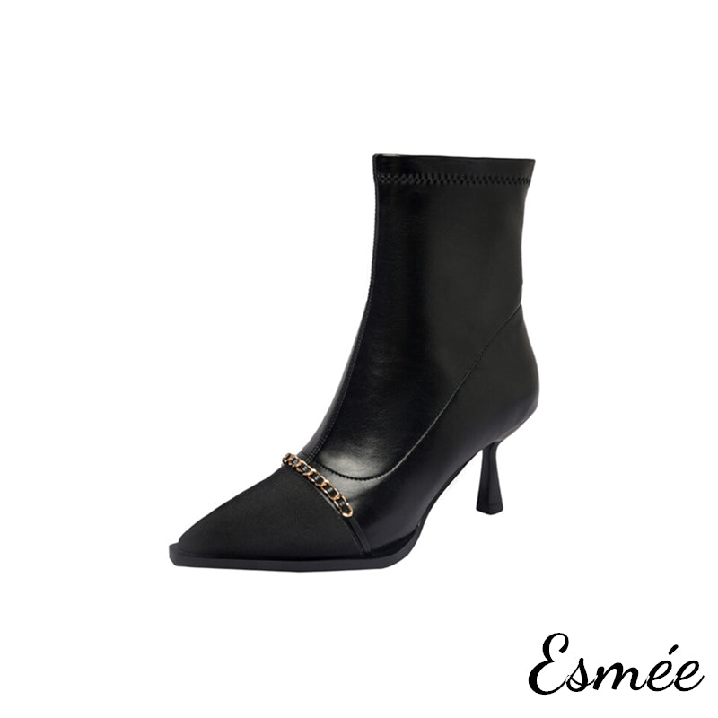 Black-Leather-High-Heel-Ankle-Boots-with-Black-Pointed-Toe-Cap-and-Chain-Design-product-shots-white-background