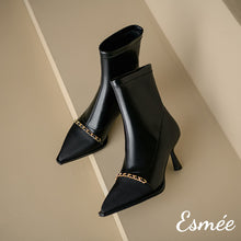 Load image into Gallery viewer, Black-Leather-High-Heel-Ankle-Boots-with-Black-Pointed-Toe-Cap-and-Chain-Design-product-shots
