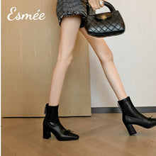 Load image into Gallery viewer, Black-Leather-High-Heel-Ankle-Boots-with-Bow-Knot-Design-model-shots-1
