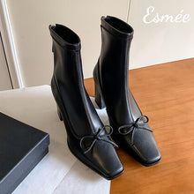 Load image into Gallery viewer, Black-Leather-High-Heel-Ankle-Boots-with-Bow-Knot-Design-product-shots
