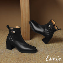 Load image into Gallery viewer, Black-Leather-High-Heel-Ankle-Boots-with-Checkered-Design-product-shots
