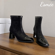 Load image into Gallery viewer, Leather High Heel Ankle Boots with Patent Leather Toe Cap
