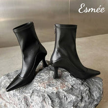 Load image into Gallery viewer, Black-Leather-High-Heel-Ankle-Boots-with-Pointy-Toe-Design-product-shots
