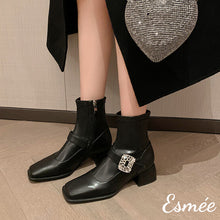 Load image into Gallery viewer, Black-Leather-High-Heel-Ankle-Boots-with-Rhinestone-Buckle-model-shots
