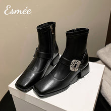 將圖片載入圖庫檢視器 Black-Leather-High-Heel-Ankle-Boots-with-Rhinestone-Buckle-product-shots
