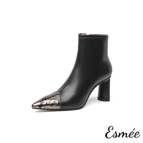 Black-Leather-High-Heel-Ankle-Boots-with-Snake-Leather-Toe-Cap-product-shots-white-background