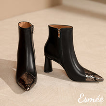 Load image into Gallery viewer, Black-Leather-High-Heel-Ankle-Boots-with-Snake-Leather-Toe-Cap-product-shots
