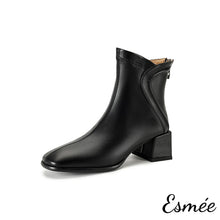 Load image into Gallery viewer, Black-Leather-High-Heel-Ankle-Boots-with-Special-Cutting-Design-product-shots-white-background
