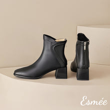 Load image into Gallery viewer, Black-Leather-High-Heel-Ankle-Boots-with-Special-Cutting-Design-product-shots
