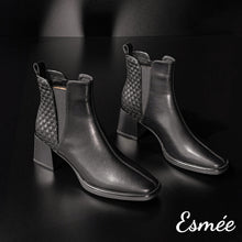 Load image into Gallery viewer, Black-Leather-High-Heel-Chelsea-Boots-with-Woven-Design-product-shots
