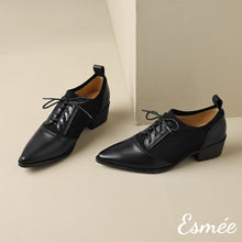 Load image into Gallery viewer, Black-Leather-High-Heel-Oxford-Shoes-with-Fabrics-Design-product-shots
