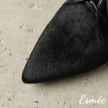 Load image into Gallery viewer, Black-Leather-High-Heel-Oxford-Shoes-with-Horsehair-Pointy-Toe-Design-product-shots-detail
