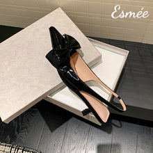 Load image into Gallery viewer, Black-Leather-High-Heel-Sandals-with-Big-Bow-Knot-Design-product-shots
