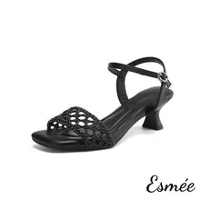 將圖片載入圖庫檢視器 Black-Leather-High-Heel-Sandals-with-Knitting-Design-product-shots-white-background

