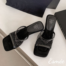 Load image into Gallery viewer, Black-Leather-High-Heel-Sandals-with-Net-Design-product-shots
