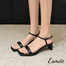 Load image into Gallery viewer, Black-Leather-High-Heel-Sandals-with-Square-Toe-Design-model-shots
