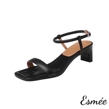 Load image into Gallery viewer, Black-Leather-High-Heel-Sandals-with-Square-Toe-Design-product-shots-white-background
