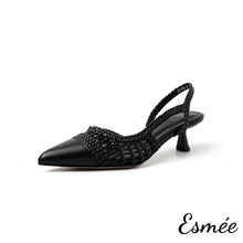 Load image into Gallery viewer, Black-Leather-High-Heel-Slingback-with-Knitting-Design-product-shots-white-background
