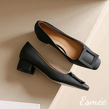 Load image into Gallery viewer, Black-Leather-High-Heels-with-Buckle-Design-product-shots
