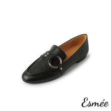 Load image into Gallery viewer, Black-Leather-Loafers-with-Circular-Buckle-product-shots-white-background
