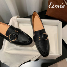 Load image into Gallery viewer, Black-Leather-Loafers-with-Circular-Buckle-product-shots
