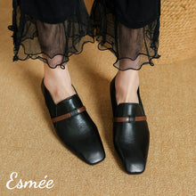 Load image into Gallery viewer, Black-Leather-Loafers-with-Strap-and-Ribbon-Design-model-shots
