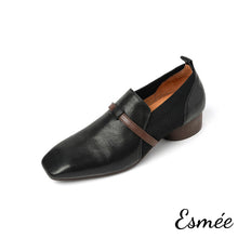 Load image into Gallery viewer, Black-Leather-Loafers-with-Strap-and-Ribbon-Design-product-shots-white-background
