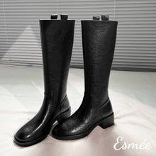 Load image into Gallery viewer, Black-Leather-Long-Boots-with-4.5cm-Block-Heels-product-shots
