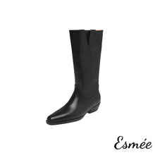 Load image into Gallery viewer, Black-Leather-Long-Boots-with-Almond-Toe-product-shots-white-background
