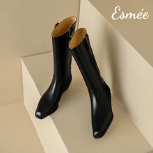 Load image into Gallery viewer, Black-Leather-Long-Boots-with-Almond-Toe-product-shots
