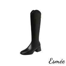 Load image into Gallery viewer, Black-Leather-Long-Boots-with-Block-Heels-product-shots-white-background
