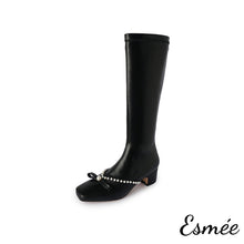 Load image into Gallery viewer, Black-Leather-Long-Boots-with-Bow-Knot-and-Pearl-Design-product-shots-white-background
