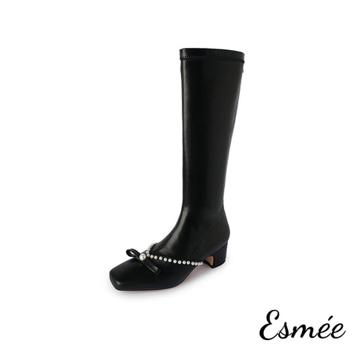 Black-Leather-Long-Boots-with-Bow-Knot-and-Pearl-Design-product-shots-white-background