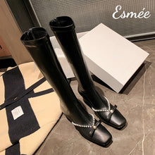 Load image into Gallery viewer, Black-Leather-Long-Boots-with-Bow-Knot-and-Pearl-Design-product-shots
