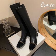 Load image into Gallery viewer, Black-Leather-Long-Boots-with-Chain-Design-and-Black-Toe-Cap-product-shots
