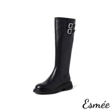 Load image into Gallery viewer, Black-Leather-Long-Boots-with-Double-Buckle-Design-product-shots-white-background
