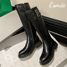 Load image into Gallery viewer, Black-Leather-Long-Boots-with-Double-Buckle-Design-product-shots
