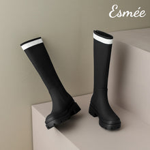 Load image into Gallery viewer, Black-Leather-Long-Boots-with-White-Strap-Design-product-shots
