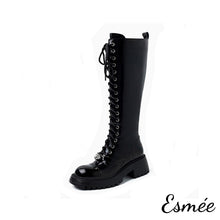 Load image into Gallery viewer, Black-Leather-Long-Marten-Boots-with-Metal-Lock-Design-product-shots-white-background
