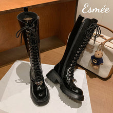 Load image into Gallery viewer, Black-Leather-Long-Marten-Boots-with-Metal-Lock-Design-product-shots
