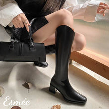 Load image into Gallery viewer, Black-Leather-Long-Riding-Boots-with-Block-Heels-model-shots
