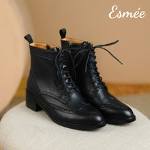 Load image into Gallery viewer, Black-Leather-Marten-Boots-with-Brogue-Design-product-shots
