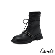 Load image into Gallery viewer, Black-Leather-Marten-Boots-with-Diamond-Designed-Straps-product-shots-white-background
